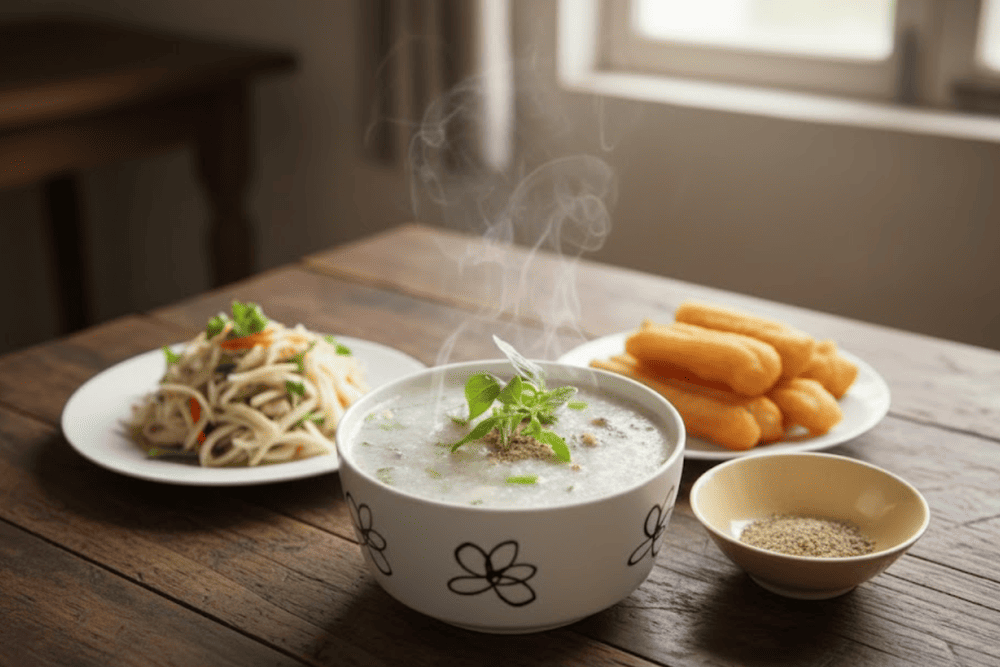 A steaming bowl of chao mac nhung garnished with spring onion and sliced chili